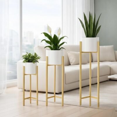 Modern White And Gold Metal Plant Stand Set Of 3 Elegant Indoor Planter Stands For Living Room And Home Decor