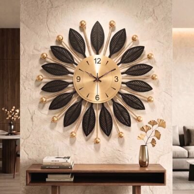 Luxury Black And Gold Metal Leaf Wall Clock Modern Decorative Silent Wall Clock For Living Room And Bedroom